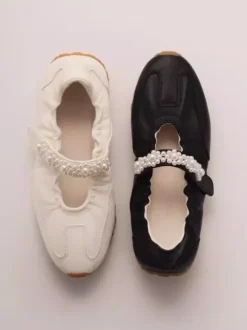 White Mary Jane Sneakers Round Toe Pearls Slip On Casual Shoes