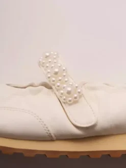 White Mary Jane Sneakers Round Toe Pearls Slip On Casual Shoes
