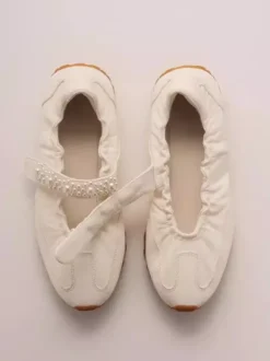 White Mary Jane Sneakers Round Toe Pearls Slip On Casual Shoes