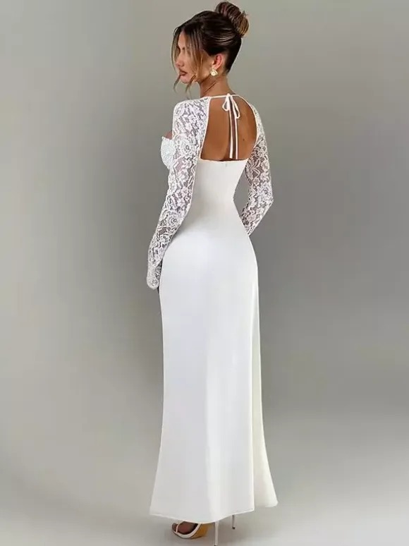 White Maxi Dress With High-slit Lace Long Sleeve Sexy Bodycon Long Dress For Women 2026