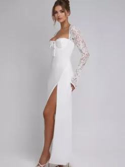 White Maxi Dress With High-slit Lace Long Sleeve Sexy Bodycon Long Dress For Women 2026