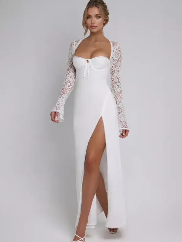 White Maxi Dress With High-slit Lace Long Sleeve Sexy Bodycon Long Dress For Women 2026