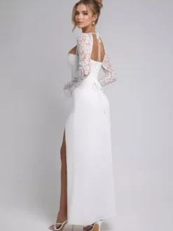 White Maxi Dress With High-slit Lace Long Sleeve Sexy Bodycon Long Dress For Women 2026