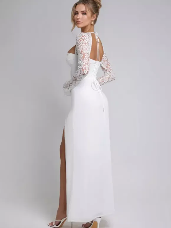 White Maxi Dress With High-slit Lace Long Sleeve Sexy Bodycon Long Dress For Women 2026