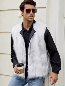 White Men's Faux Fur Vest Winter Warm Sleeveless Jacket