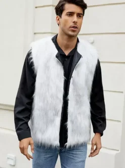 White Men's Faux Fur Vest Winter Warm Sleeveless Jacket