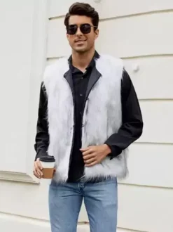 White Men's Faux Fur Vest Winter Warm Sleeveless Jacket
