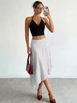 White Mini Dot High Waist Midi Skirt Irregular Ruffle Asymmetrical Hem Flowy Chiffon Skirt