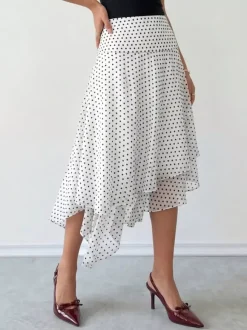 White Mini Dot High Waist Midi Skirt Irregular Ruffle Asymmetrical Hem Flowy Chiffon Skirt