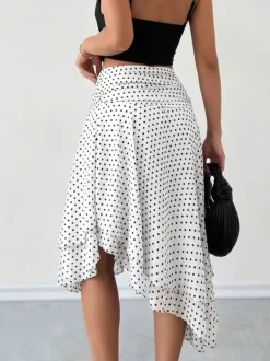 White Mini Dot High Waist Midi Skirt Irregular Ruffle Asymmetrical Hem Flowy Chiffon Skirt