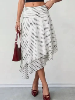 White Mini Dot High Waist Midi Skirt Irregular Ruffle Asymmetrical Hem Flowy Chiffon Skirt