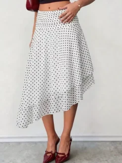 White Mini Dot High Waist Midi Skirt Irregular Ruffle Asymmetrical Hem Flowy Chiffon Skirt