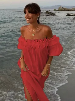 White Off Shoulder Long Dress For Women - Linen Cotton Boho Ruffle Lantern Sleeve Loose Beach Sundress - Summer Vacation 2026