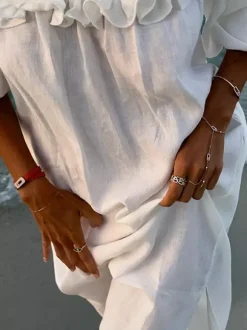 White Off Shoulder Long Dress For Women - Linen Cotton Boho Ruffle Lantern Sleeve Loose Beach Sundress - Summer Vacation 2026