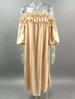White Off Shoulder Long Dress For Women - Linen Cotton Boho Ruffle Lantern Sleeve Loose Beach Sundress - Summer Vacation 2026