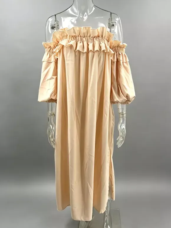 White Off Shoulder Long Dress For Women - Linen Cotton Boho Ruffle Lantern Sleeve Loose Beach Sundress - Summer Vacation 2026
