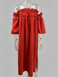 White Off Shoulder Long Dress For Women - Linen Cotton Boho Ruffle Lantern Sleeve Loose Beach Sundress - Summer Vacation 2026