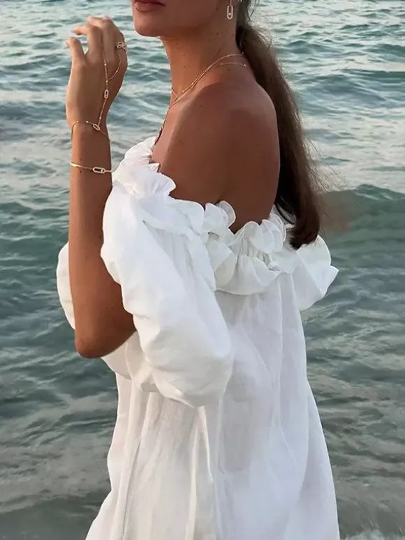 White Off Shoulder Long Dress For Women - Linen Cotton Boho Ruffle Lantern Sleeve Loose Beach Sundress - Summer Vacation 2026