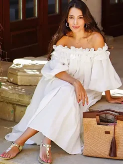 White Off Shoulder Long Dress For Women - Linen Cotton Boho Ruffle Lantern Sleeve Loose Beach Sundress - Summer Vacation 2026