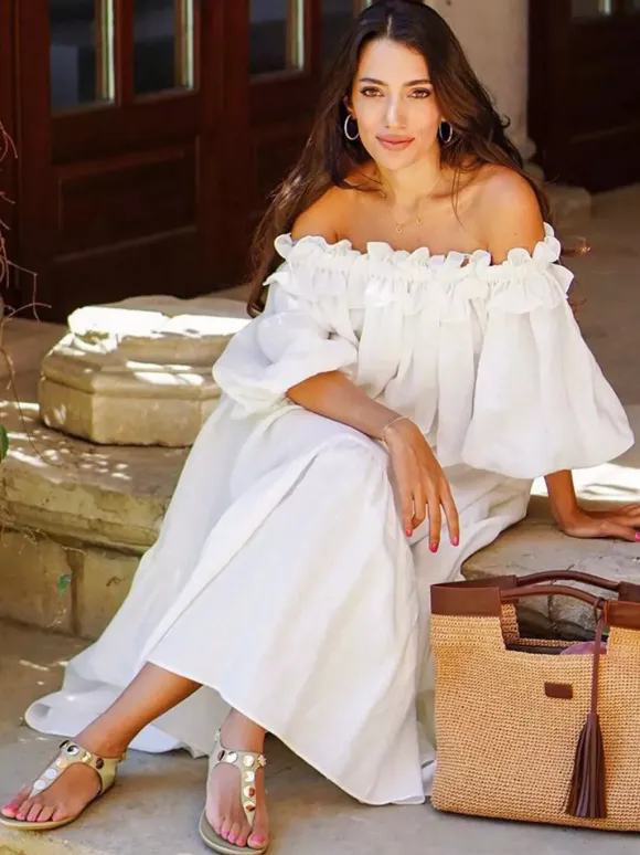 White Off Shoulder Long Dress For Women - Linen Cotton Boho Ruffle Lantern Sleeve Loose Beach Sundress - Summer Vacation 2026