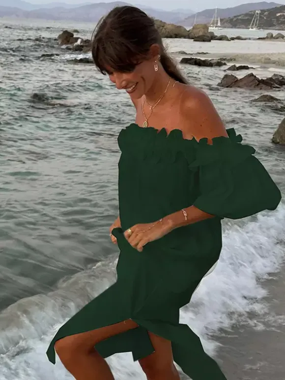 White Off Shoulder Long Dress For Women - Linen Cotton Boho Ruffle Lantern Sleeve Loose Beach Sundress - Summer Vacation 2026