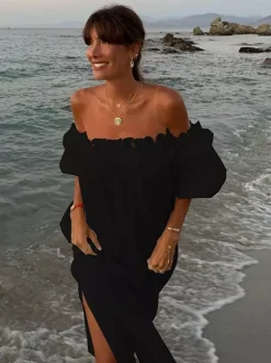 White Off Shoulder Long Dress For Women - Linen Cotton Boho Ruffle Lantern Sleeve Loose Beach Sundress - Summer Vacation 2026