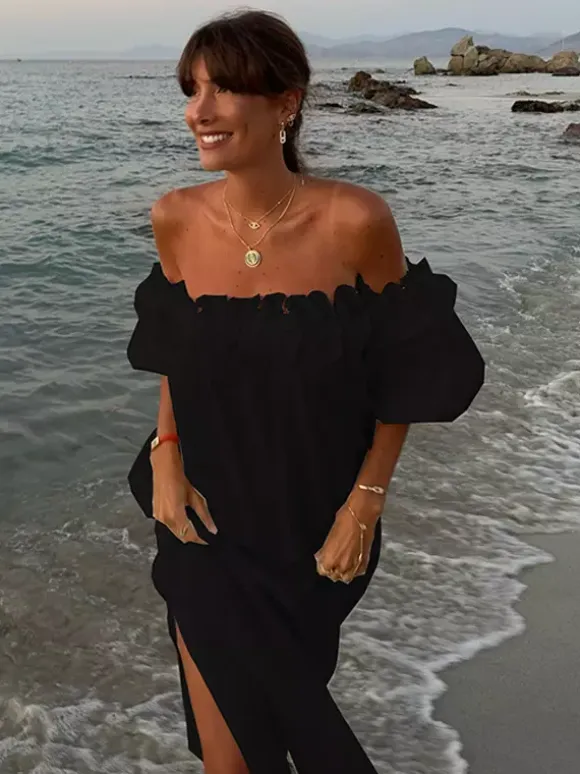 White Off Shoulder Long Dress For Women - Linen Cotton Boho Ruffle Lantern Sleeve Loose Beach Sundress - Summer Vacation 2026