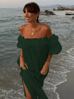 White Off Shoulder Long Dress For Women - Linen Cotton Boho Ruffle Lantern Sleeve Loose Beach Sundress - Summer Vacation 2026