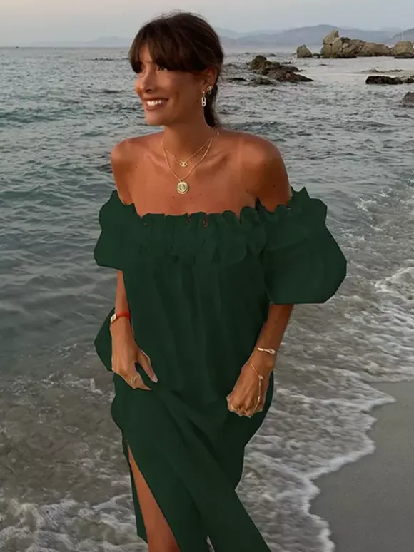 White Off Shoulder Long Dress For Women - Linen Cotton Boho Ruffle Lantern Sleeve Loose Beach Sundress - Summer Vacation 2026