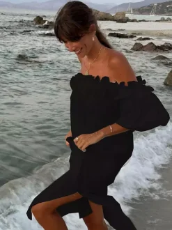 White Off Shoulder Long Dress For Women - Linen Cotton Boho Ruffle Lantern Sleeve Loose Beach Sundress - Summer Vacation 2026