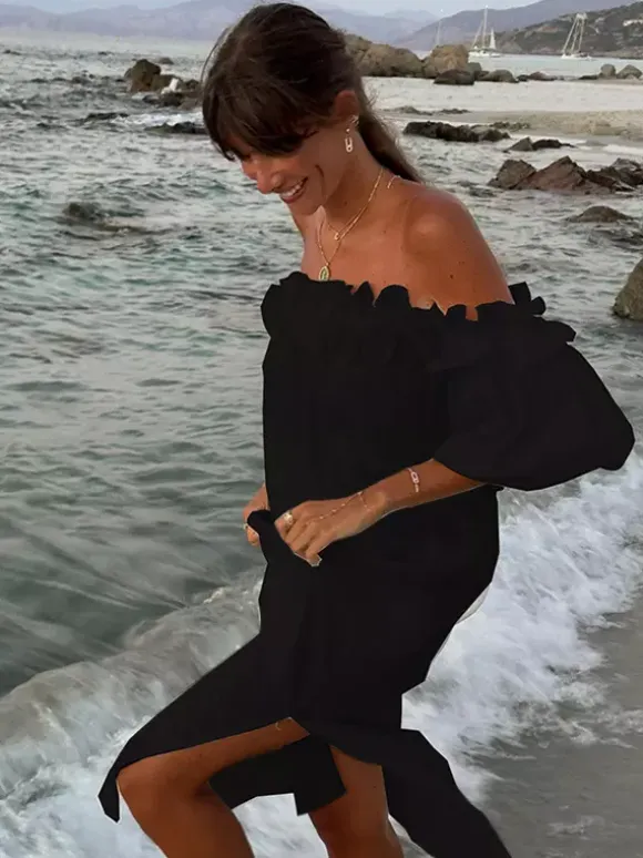 White Off Shoulder Long Dress For Women - Linen Cotton Boho Ruffle Lantern Sleeve Loose Beach Sundress - Summer Vacation 2026