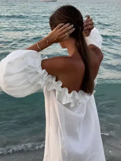 White Off Shoulder Long Dress For Women - Linen Cotton Boho Ruffle Lantern Sleeve Loose Beach Sundress - Summer Vacation 2026