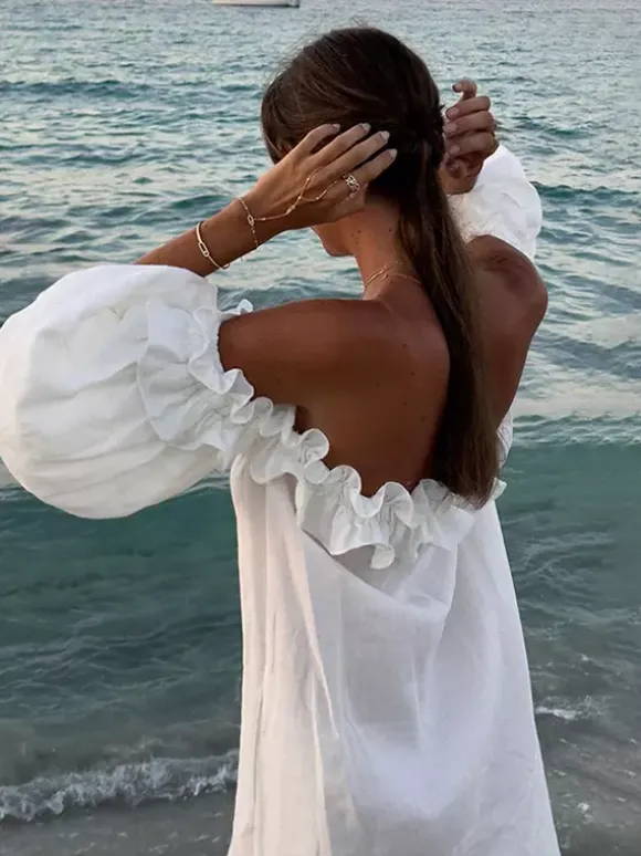 White Off Shoulder Long Dress For Women - Linen Cotton Boho Ruffle Lantern Sleeve Loose Beach Sundress - Summer Vacation 2026