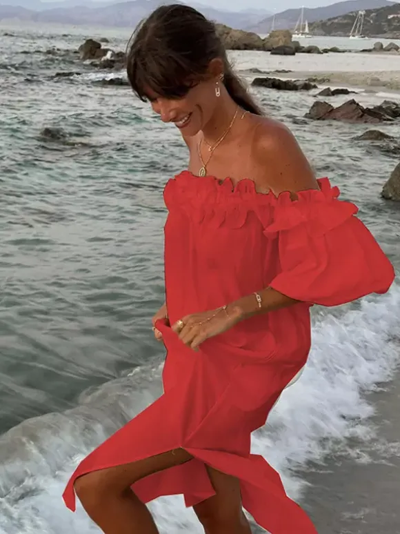 White Off Shoulder Long Dress For Women - Linen Cotton Boho Ruffle Lantern Sleeve Loose Beach Sundress - Summer Vacation 2026