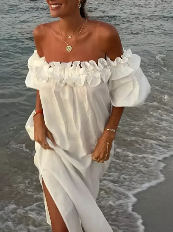White Off Shoulder Long Dress For Women - Linen Cotton Boho Ruffle Lantern Sleeve Loose Beach Sundress - Summer Vacation 2026
