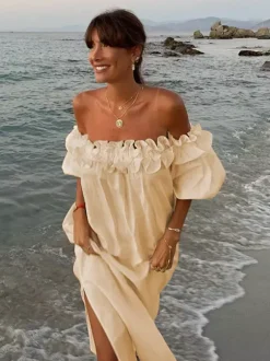 White Off Shoulder Long Dress For Women - Linen Cotton Boho Ruffle Lantern Sleeve Loose Beach Sundress - Summer Vacation 2026