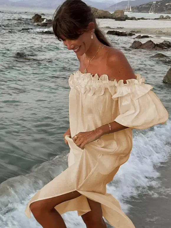 White Off Shoulder Long Dress For Women - Linen Cotton Boho Ruffle Lantern Sleeve Loose Beach Sundress - Summer Vacation 2026