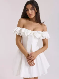 White Off-Shoulder Mini Dress With Ruffle Trim 2026