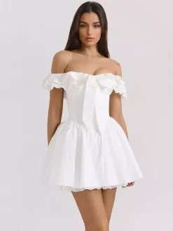 White Off-Shoulder Mini Dress With Ruffle Trim 2026