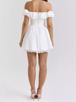 White Off-Shoulder Mini Dress With Ruffle Trim 2026