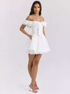 White Off-Shoulder Mini Dress With Ruffle Trim 2026