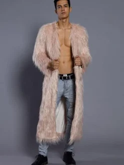White Overcoat Men Faux Fur Coat V Neck Long Sleeve Long Winter Coat