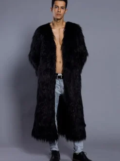 White Overcoat Men Faux Fur Coat V Neck Long Sleeve Long Winter Coat