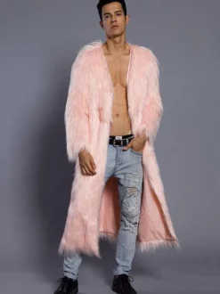White Overcoat Men Faux Fur Coat V Neck Long Sleeve Long Winter Coat