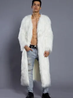 White Overcoat Men Faux Fur Coat V Neck Long Sleeve Long Winter Coat