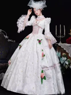 White Retro Costumes Ruffles Polyester Floral Print Headwear Women's Retro Marie Antoinette Costume Masquerade Ball Gown