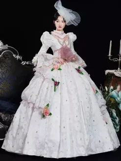 White Retro Costumes Ruffles Polyester Floral Print Headwear Women's Retro Marie Antoinette Costume Masquerade Ball Gown