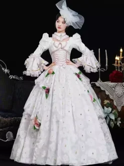 White Retro Costumes Ruffles Polyester Floral Print Headwear Women's Retro Marie Antoinette Costume Masquerade Ball Gown