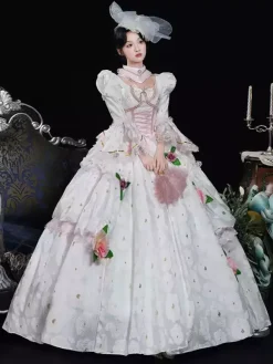 White Retro Costumes Ruffles Polyester Floral Print Headwear Women's Retro Marie Antoinette Costume Masquerade Ball Gown
