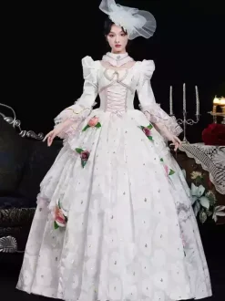 White Retro Costumes Ruffles Polyester Floral Print Headwear Women's Retro Marie Antoinette Costume Masquerade Ball Gown